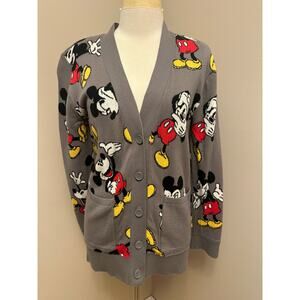 Disney Mickey Mouse Sweater Cardigan Gray Sz Small Oversized